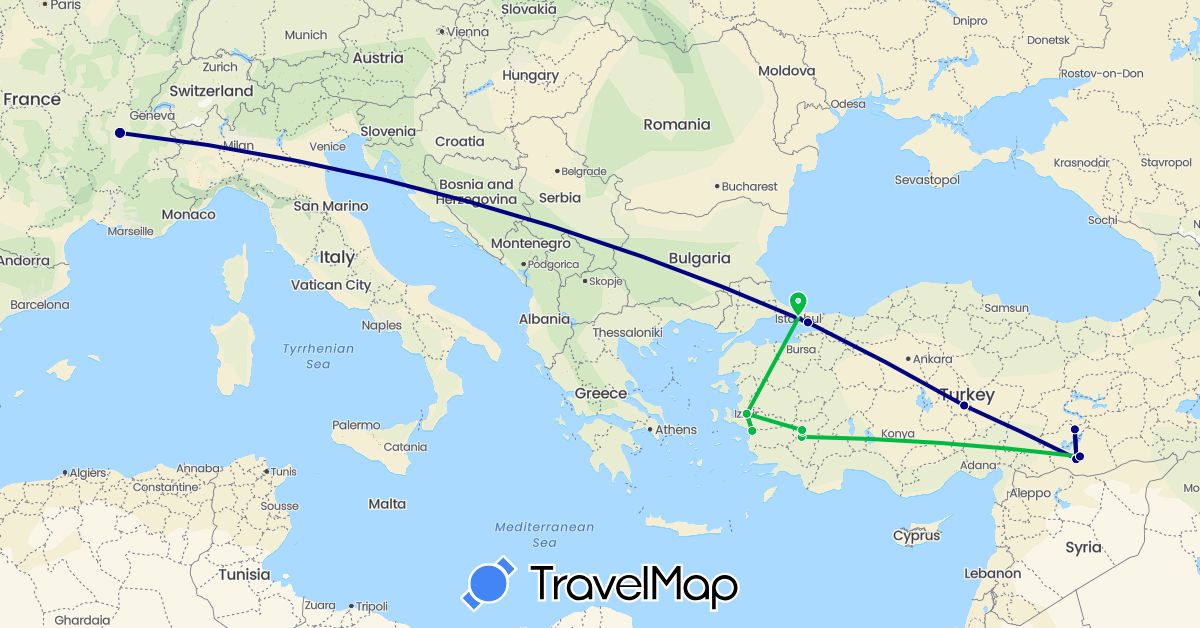 TravelMap itinerary: driving, bus in France, Turkey (Asia, Europe)